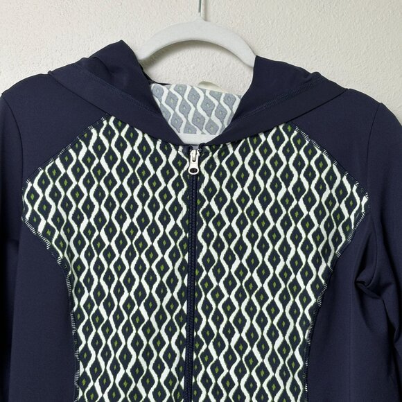 Chicos Zenergy Full Zip Hooded Jacket Size 2 US L Navy Green Geometric Print - Picture 2 of 10